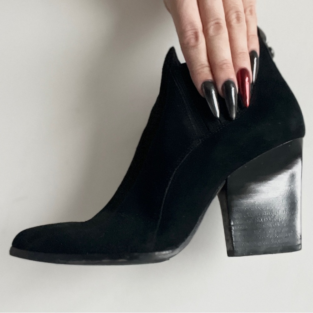 Donald Pliner black suede slanted heel ankle booties